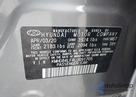 2020 Hyundai Elantra Sel z USA, uszkodzony, nr VIN KMHD84LF4LU091705